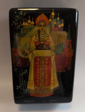 Gorgeous Vintage Fedoskino Russian Lacquer Box Bread & Salt Traditional Greeting